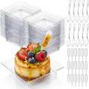 Mifoci 100 Set Mini Plastic Dessert Plates with Tasting Spoons and Pipettes, 2.5" Small Clear Disposable Square Appetizer Trays, Reusable Clear Plastic Mini Plates for Desserts Cake Fruit
