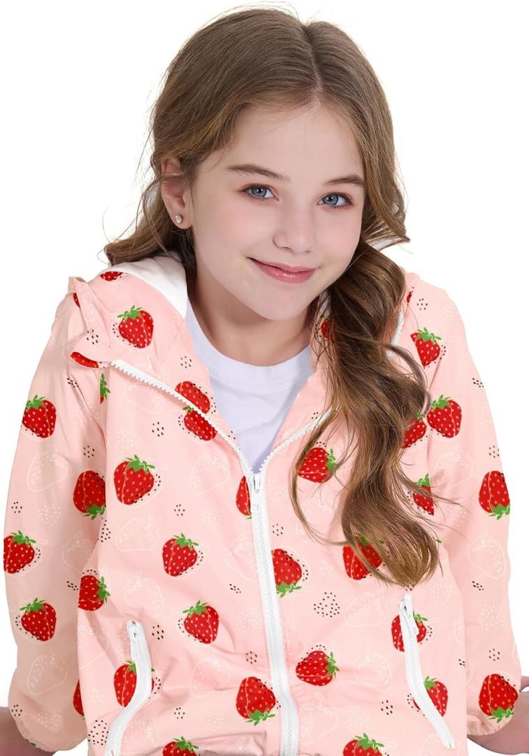 Zando Lightweight Girls Rain Jacket - Hooded Windbreaker Water-Resistant Girls' Outerwear Jackets & Coats for Kids  (6-7 Years, Strawberry)