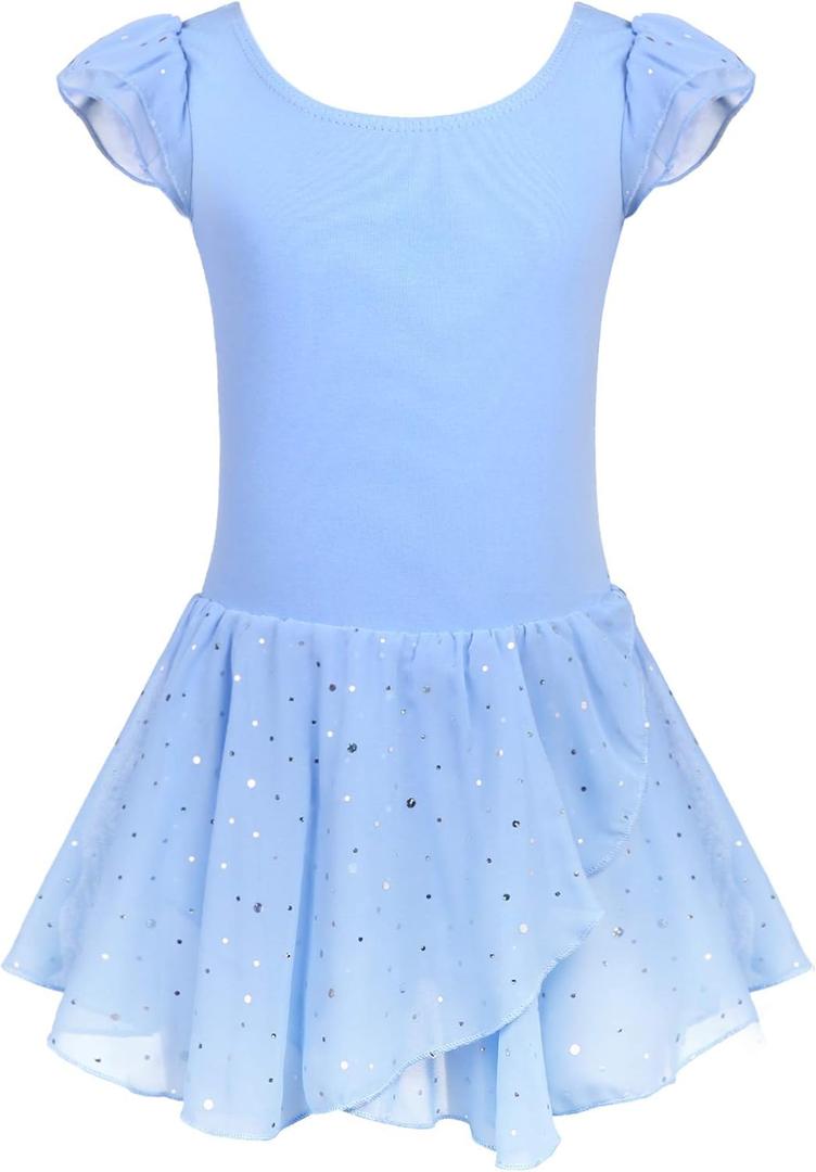 Arshiner Girls Ruffle Sleeve Ballet Dance Dress Tutu Skirted Leotard (6-7 Years, Blue)