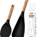 Cooking Spoon Multifunction Spoonula Silicone Spatula Spoon 2-Pack, Dual-Use Heat Resistant 446F, BPA-Free Non-Toxic Wooden Handle Rice Spoon Set for Non-Stick Cookware & Rice Cookers (Black)