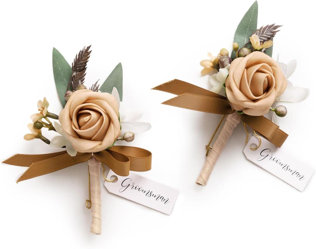Ling's moment Boutonniere for Men, 2pcs Groom Groomsmen Guest Boutonniere, Artificial Flowers for Wedding/Prom/Homecoming, etc.Sand Beige Dusty Rose