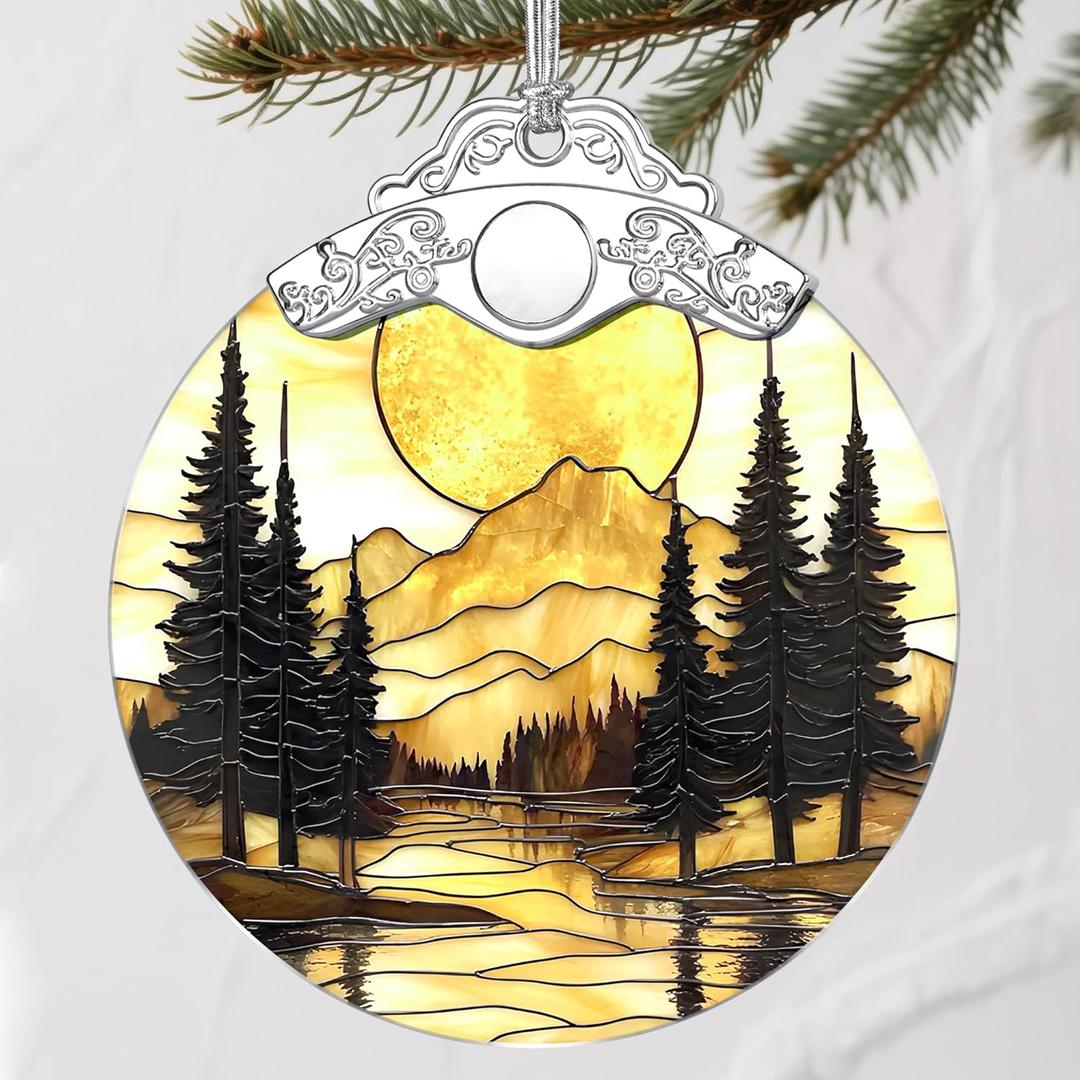 Mountain Sunset Stained Glass Ornament: Christmas Decorations, Ornaments for Christmas Tree & Holiday Ornaments  Holiday Presents, Gift Exchange Ideas & Elegant Gift for Family, Coworkers & Friends