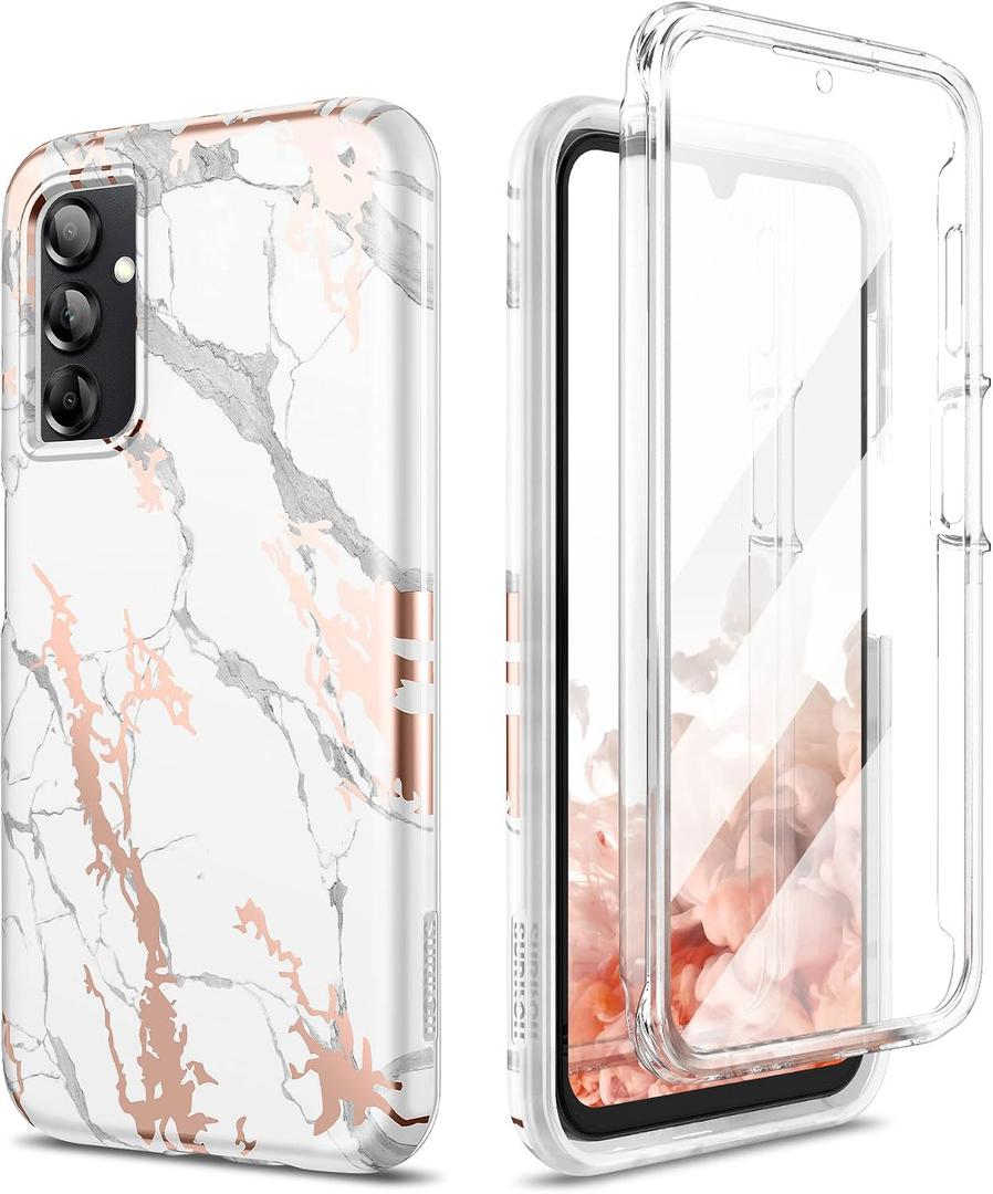 SURITCH for Samsung Galaxy A14 5G Case, [Built-in Anti-Scratch Screen Protector] 360 Full Body Protection Shockproof Rugged Bumper Phone Cover for Samsung A14 5G 6.6 Inch - White Marble