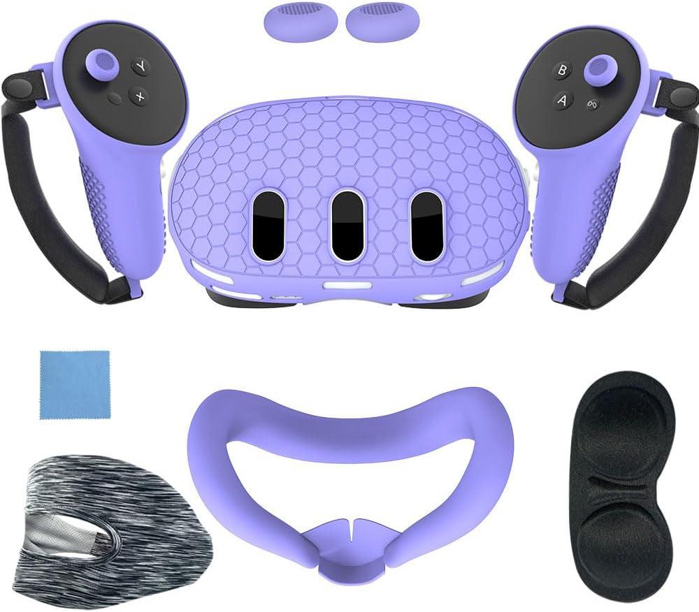 Silicone Cover Set Compatible with Meta/Oculus Quest 3, VR Headset Shell Cover, Controller Grips, Facial Interface Cover, Protective Lens Cover (Purple)