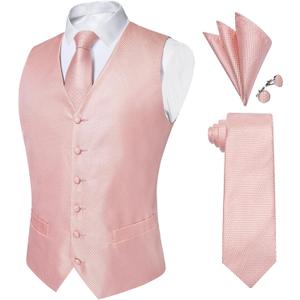 DiBanGu Mens Paisley Suit Waistcoat Silk Dress Vest and Necktie Pocket Square Cufflinks for Wedding Party (Medium, 21-blush Pink)