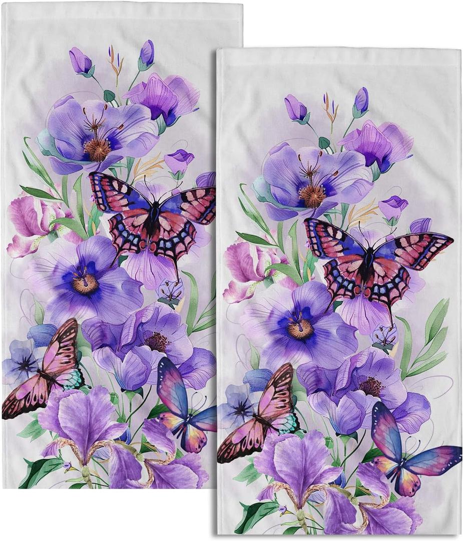 Imiss Purple Floral Butterfly Hand Face Towel 14.4 x 28.3 Inch Set of 2 Watercolor Botanical Plant Leaves Decor Bathroom Fingertip Multipurpose Towels for Home Hotel Gym Spa