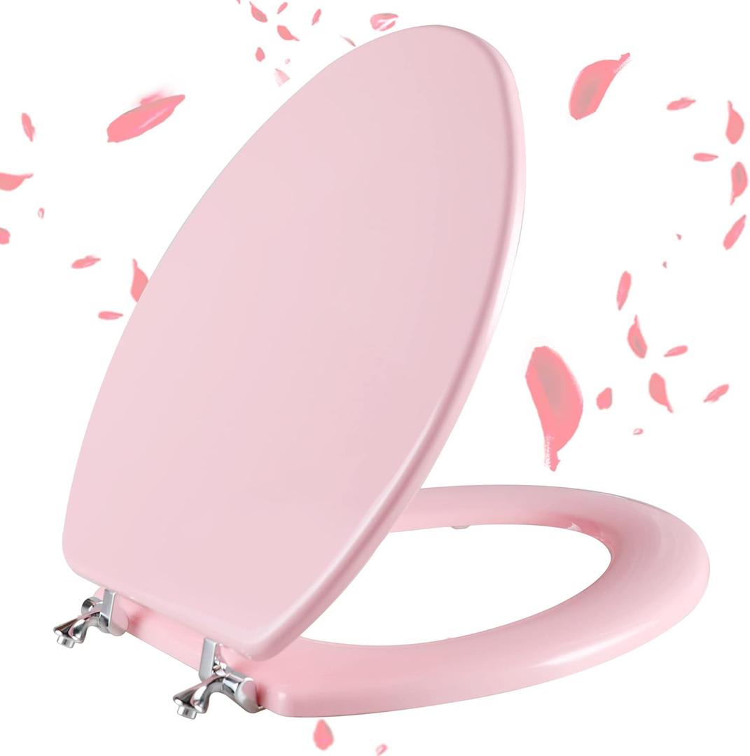 Pink Elongated Toilet Seat Natural Wood Toilet Seat with Zinc Alloy Hinges, Easy to Install also Easy to Clean, Scratch Resistant Toilet Seat by Angol Shiold (Elongated, Pink)
