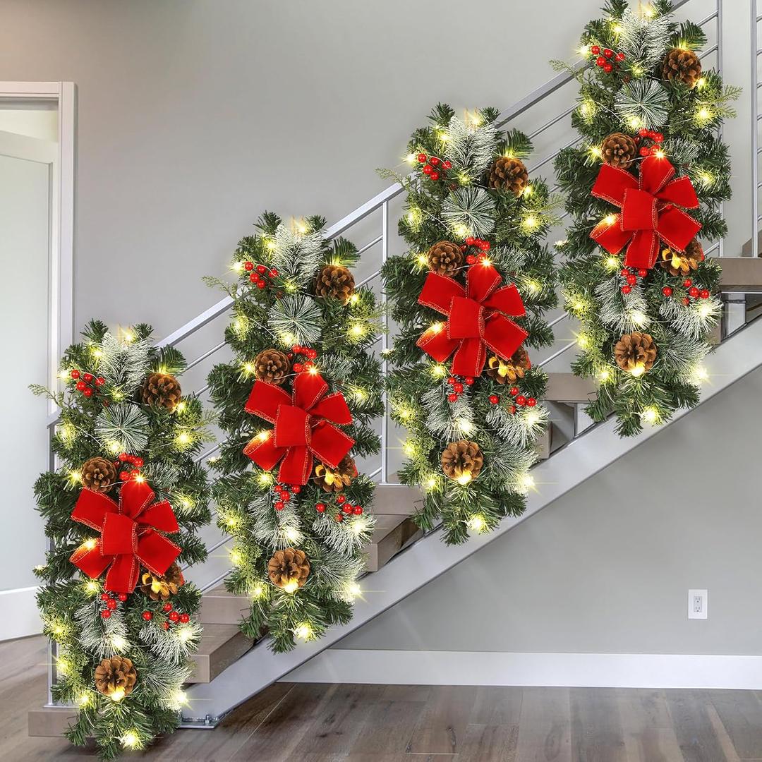 Zeyune 4 Pcs 26 Inch Christmas Swags for Stairs with Lights Deluxe Faux Thick Artificial Christmas Stairway Swag with LED Light Teardrop Wreath Front Door Garland for Outdoor Home Window Decorating