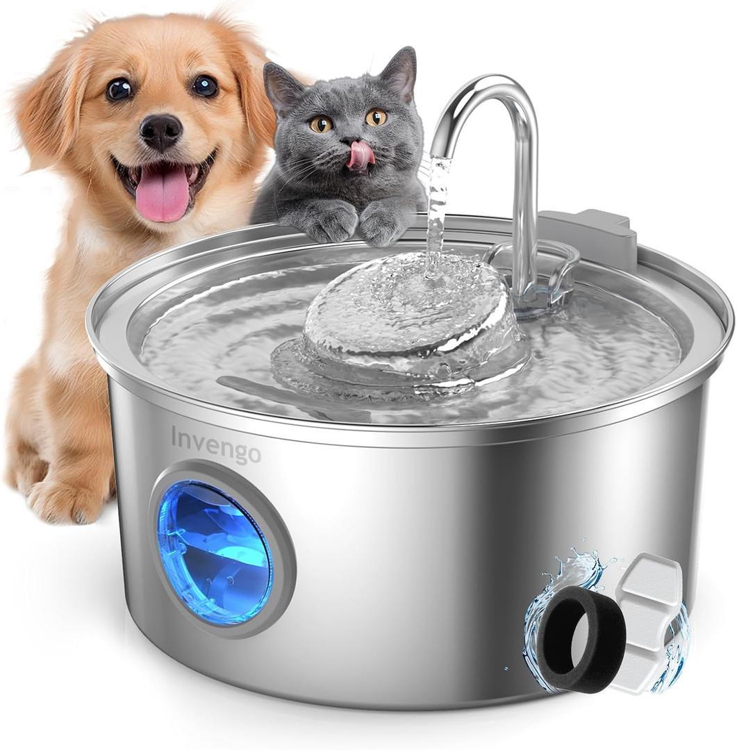 Invengo Cat Water Fountain Stainless Steel, 108oz/3.2L Pet Fountain with Large Water Level Window, Ultra Quiet Automatic Cat Water Dispenser for Cats and Dogs, 2 Flow Modes, Splash-Proof Design