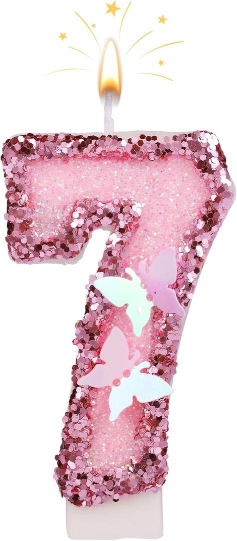 4 x 2.7 Inch Birthday Number Candles, Pink Number Candles Cake Topper Butterfly Birthday Candles with Sequins Glitter for Anniversary Celebrations Supplies (Number 7)