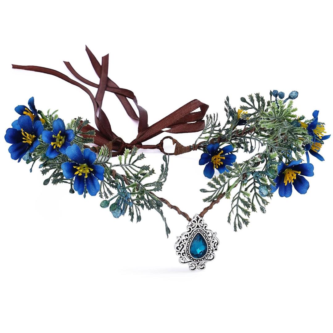 MOSTORY Woodland Fairy Flower Crown - Elf Floral Headpiece Blue Daphne with Crystal Elven Tiara Handmade for Women Girls Bridal Variable Size Wreath Headband for Cosplay Halloween Christmas Wedding MOSTORY Woodland Fairy Flower Crown - Elf Floral Headpiece Blue Daphne with Crystal Elven Tiara Handmade for Women Girls Bridal Variable Size Wreath Headband for Cosplay Halloween Christmas Wedding