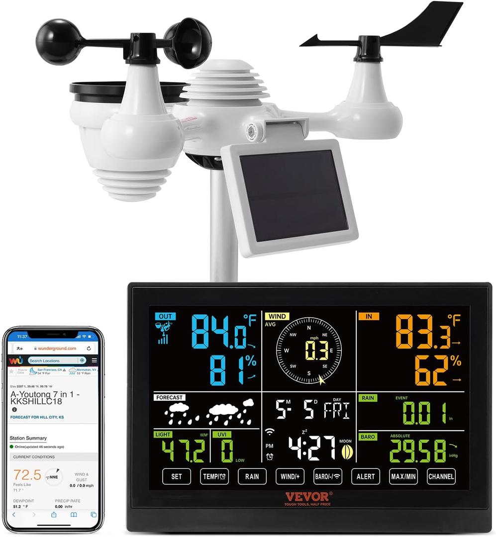 VEVOR YT60234 WiFi Weather Station 7-in-1, Weather Stations WiFi Indoor Outdoor, 7.5" Color Display for Weather Forecast, Temperature, Humidity, UV, Air Pressure, Wind Speed&Direction, Rain, Alarm