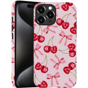Generic Case for iPhone 16 Pro Max - [Drop Protection Phone Cover] - Hybrid Case for Girl Women - Cherry Ribbon Bow Fruit Pink