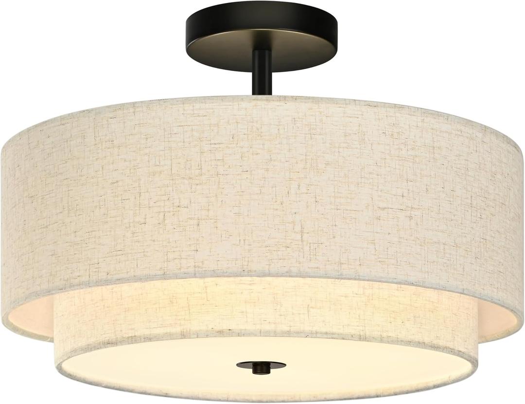 3 Light Semi Flush Mount Ceiling Light Fixture 15.7 Inch Modern Black Drum Ceiling Light Fixture with 2-Layer Fabric Shade Dimmable Close to Ceiling Light for Living Room Hallway Bedroom Entryway, 16 Inch