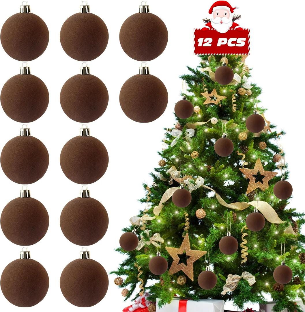 Dazftiey 12 PCS Brown Velvet Ornaments for Christmas Tree Decorations, Warm Brown Velvet Christmas Ornaments Balls,Shatterproof Xmas Decorative Hanging Ornaments(2.36 Inch)