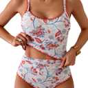 Eomenie Tankini Swimsuit for Women Tummy Control Ruched Two Piece Bathing Suits High Waisted Shell Stitch Swimwear (Red, M)