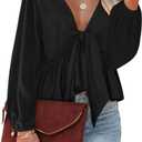 Fanway&EC Women's Long Sleeve V Neck Blouses Babydoll Tie Front Shirts Ruffle Hem Casual Crop Tops (Large, Black)
