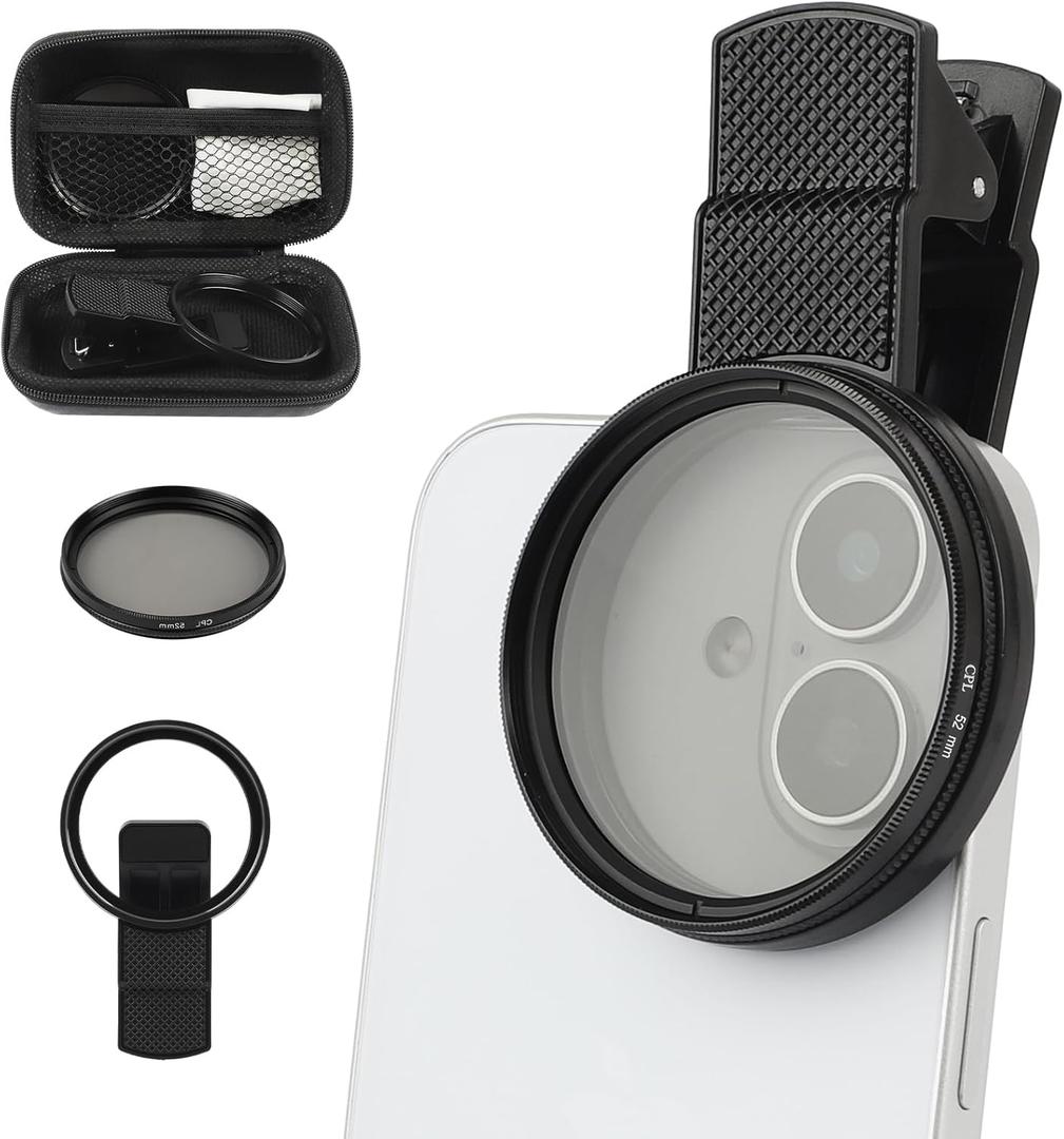 52mm Clip-On CPL Phone Camera Lens Filter, Polarizer Circular Filter, Ultra Slim Multi- Coated CPL Filter Compatible with iPhone 17/16/15/14/13 Samsung