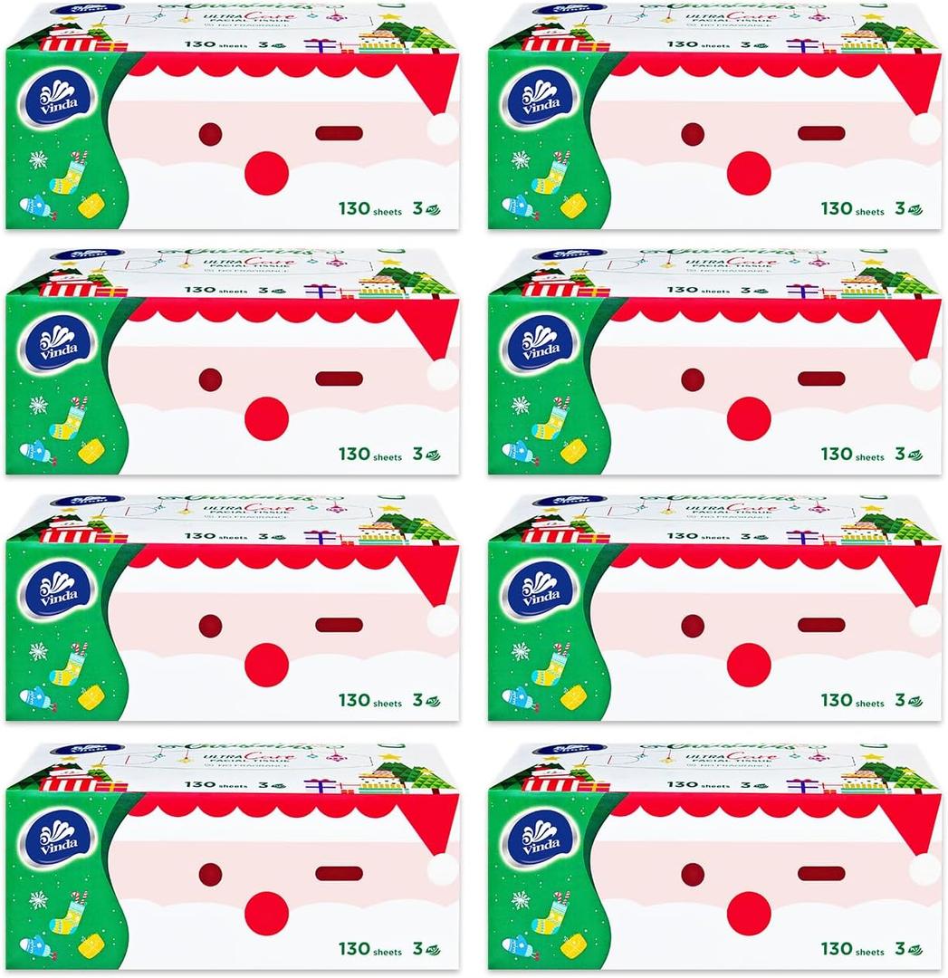 3-Ply Premium Soft Facial Tissues, Ultra Care for Sensitive Skin, 130 Tissues per Box, 8 Flat Boxes  Strong, Gentle & Ideal for Home or Office Use