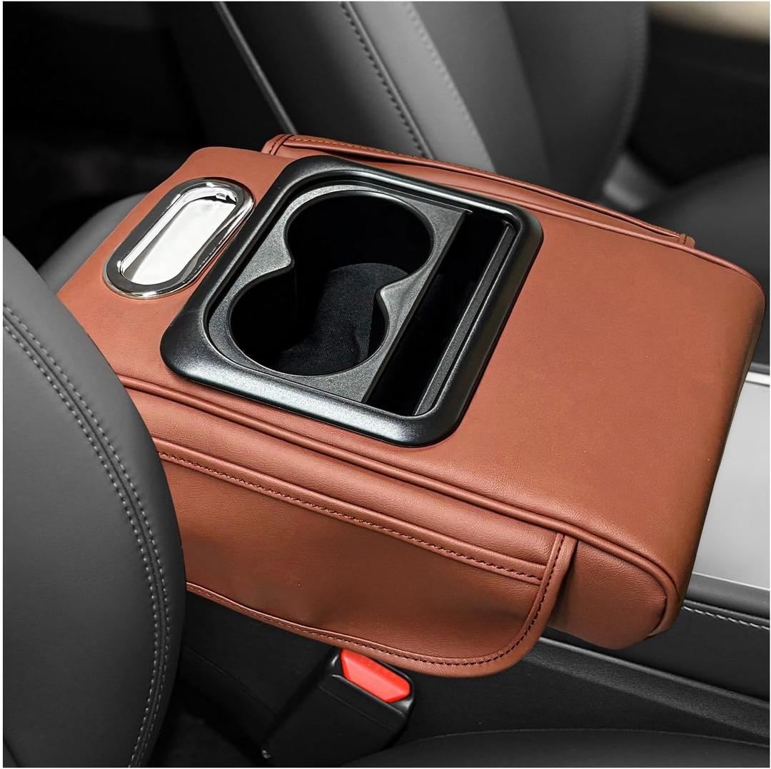 Car Center Console Armrest Pillow, Leather Car Armrest Cushion with Cup Holder & Phone Holder, Universal Armrest Storage Box Protector for Most Vehicles, Car Accessories (Brown, Normal)