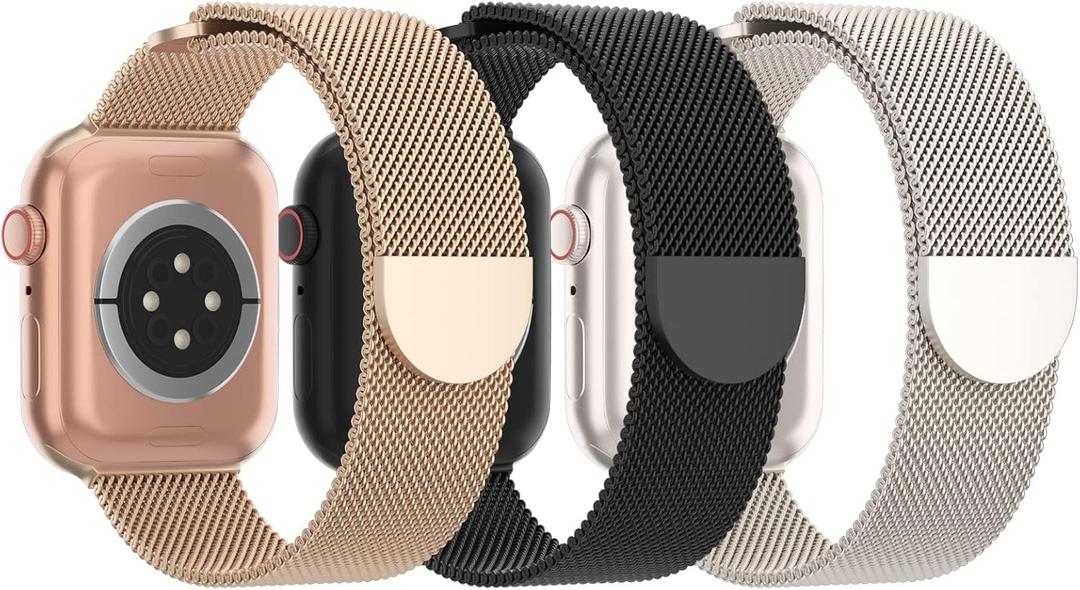 3 Pack Mesh Metal Band Compatible with Apple Watch Band, Stainless Steel Magnetic Loop Strap for iWatch, Size: 38mm/40mm/41mm/42mm