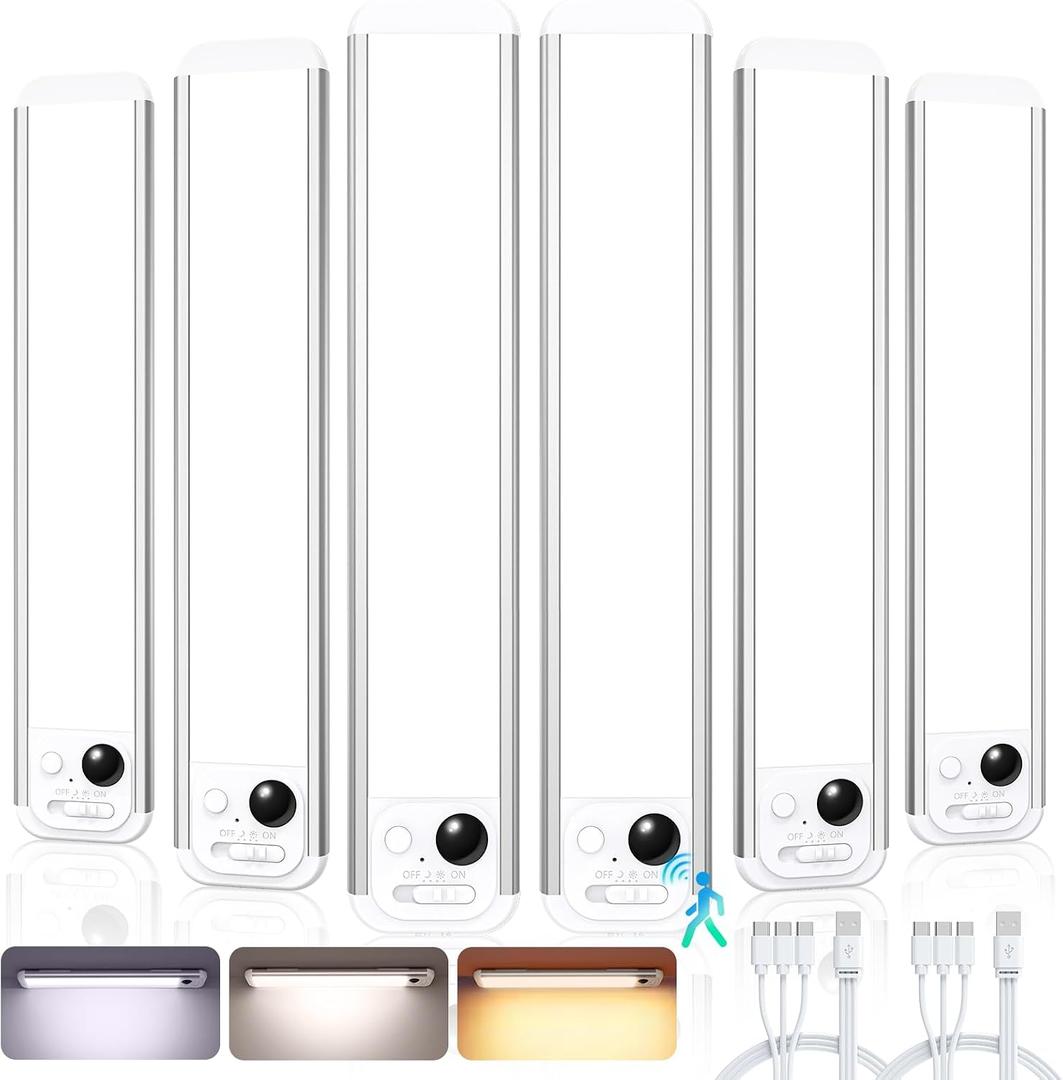 RUIKORING 8.5" Under Cabinet Lighting 6 Pack, 3 Colors, Motion Sensor Light Indoor,48 LED Rechargeable Closet Lights, Dimmable Under Counter Lights, Stick-On Magnetic Cabinet Night Lights for Kitchen