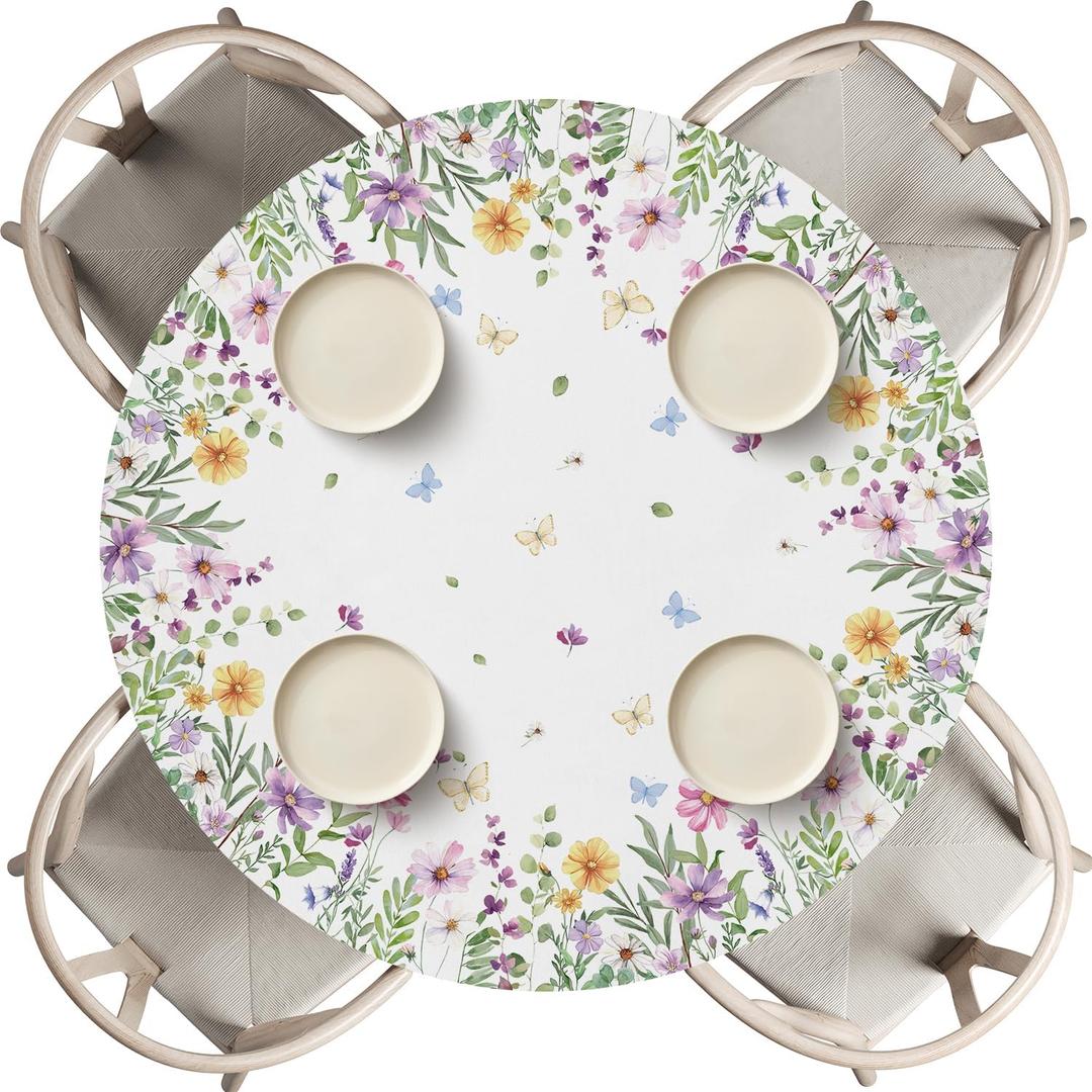 Horaldaily Spring Fitted Tablecloth 60 Inch Round, Spring Daisy Floral Flowers Butterfly Washable Table Cover Elastic Edged for Dinning, Picnic, Camping, Banquet (White)