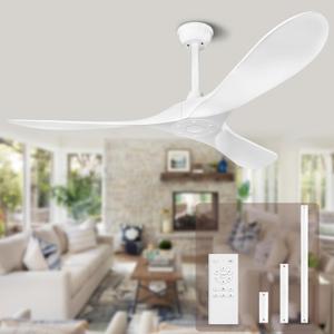 Ceiling Fan No Light with Remote Control 52inch Outdoor Ceiling Fan without Lights Indoor, 3 Blades Reversible DC Motor Modern Ceiling Fans for Patio, Bedroom, Living Room, Porch (White)