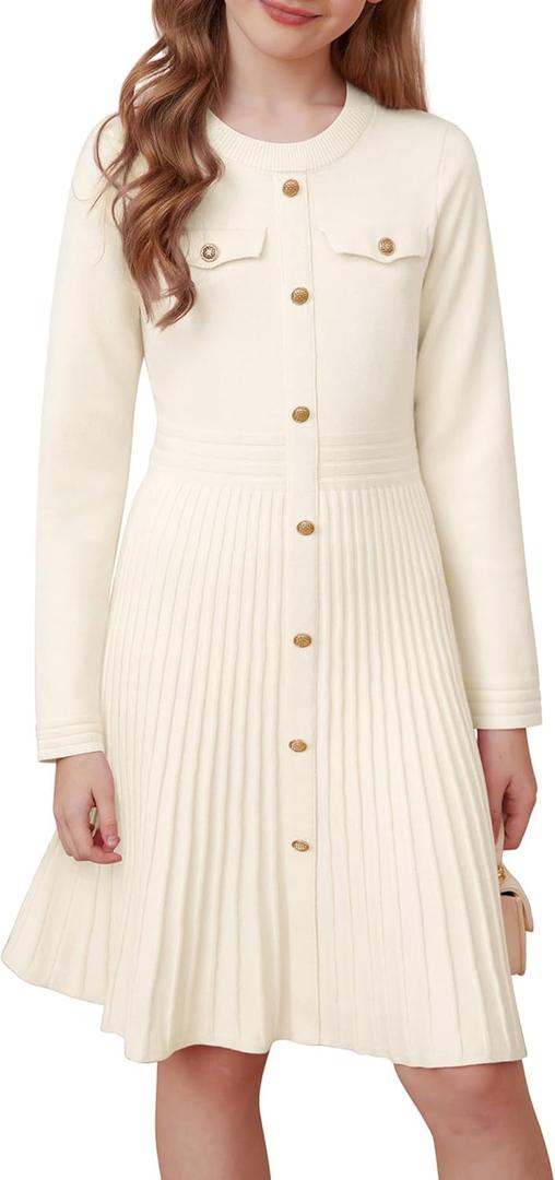 GRACE KARIN Girls Sweater Fall Dress Long Sleeve Knit Pleated A-Line Winter Easter Casual Midi Dresses White Christmas Holiday Kids Clothes Ourfits Size 10-12