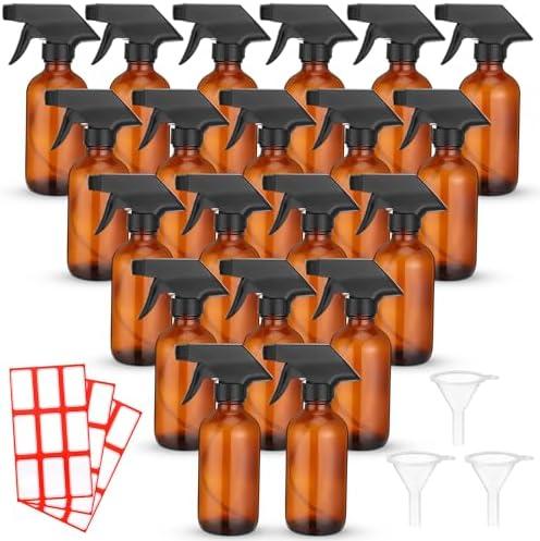 Norme 22 Pcs Glass Spray Bottles with Funnels and Labels 8 oz Refillable Cosmetic Empty Spray Containers with Trigger Squirt Containers for Essential Oil Cleaning Solutions(Brown)