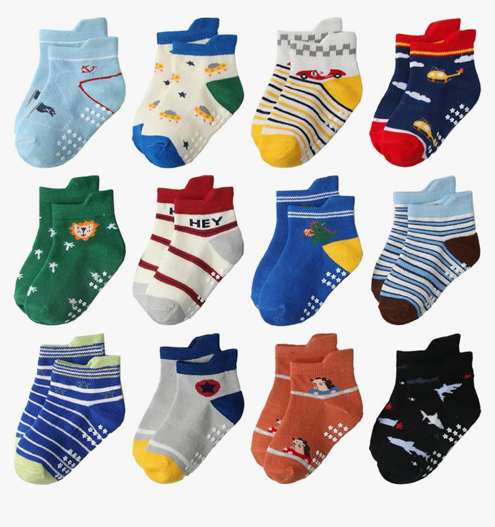 Aroveea Toddler Socks Non Slip Grip Cute Cotton Baby Socks 12 Pack for Toddler Boys Girls Kids Size: 5-7 Years
