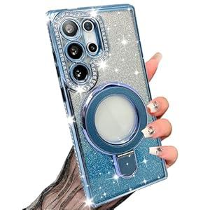 Samsung Galaxy S25 Magnetic Glitter Case [Compatible with MagSafe] Women Girls Bling Rhinestone Case with Stand Luxury Diamond Camera Lens Protection Shockproof Case for Galaxy S25, Blue