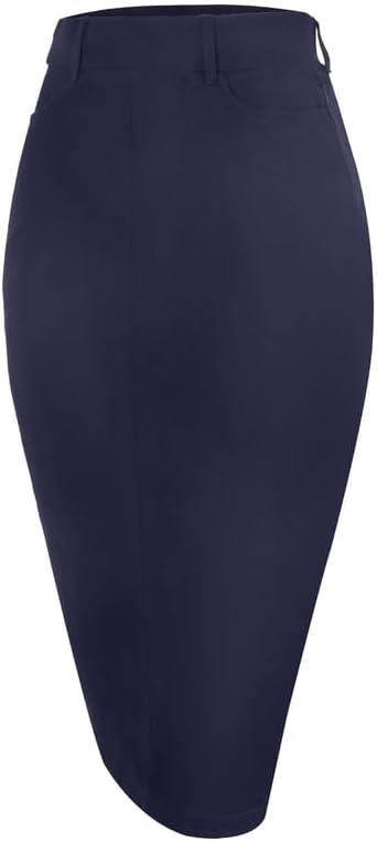 Houmous Women's Cotton Work Pencil Skirt Stretch Office Midi Below Knee Bodycon Belt Loops Back Slit Pockets, L