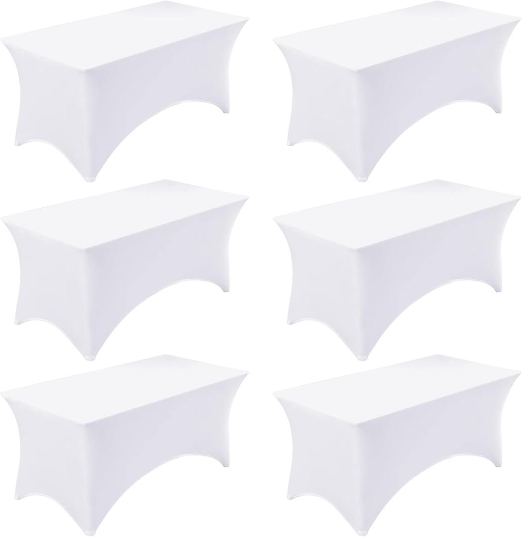 Fixwal 6 Pack 8ft Spandex Table Covers for 8 Foot Tables, Fitted Tablecloths Rectangle Folding Tables, Stretch Rectangular Table Cloths for Wedding, Banquet, Party (White, 96L x 30W x 30H Inch)