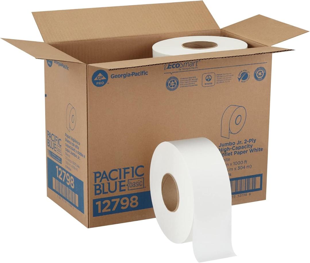 PACIFIC BLUE BASIC JUMBO JR. 2-PLY HIGH-CAPACITY TOILET PAPER, WHITE, 8 ROLLS PER CASE (8 Count (Pack of 1))