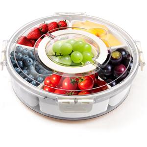 6 Compartment Snack Box Container with Lid and Handle, Divided Serving Tray with 360 Rotating Base, Snack Containers for Adults, Veggie Fruit Tray For Kitchen, Parties, Travel, Cream Color