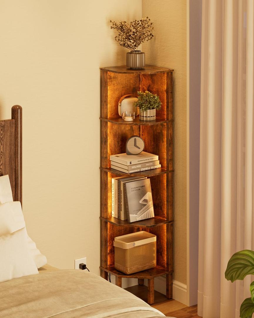 Corner Shelf, 5 Tier Corner Bookshelf with LED Light,Wall Display Corner Shelf Stand with Storage Rack for Living Room,Bedroom,Office,Rustic Brown