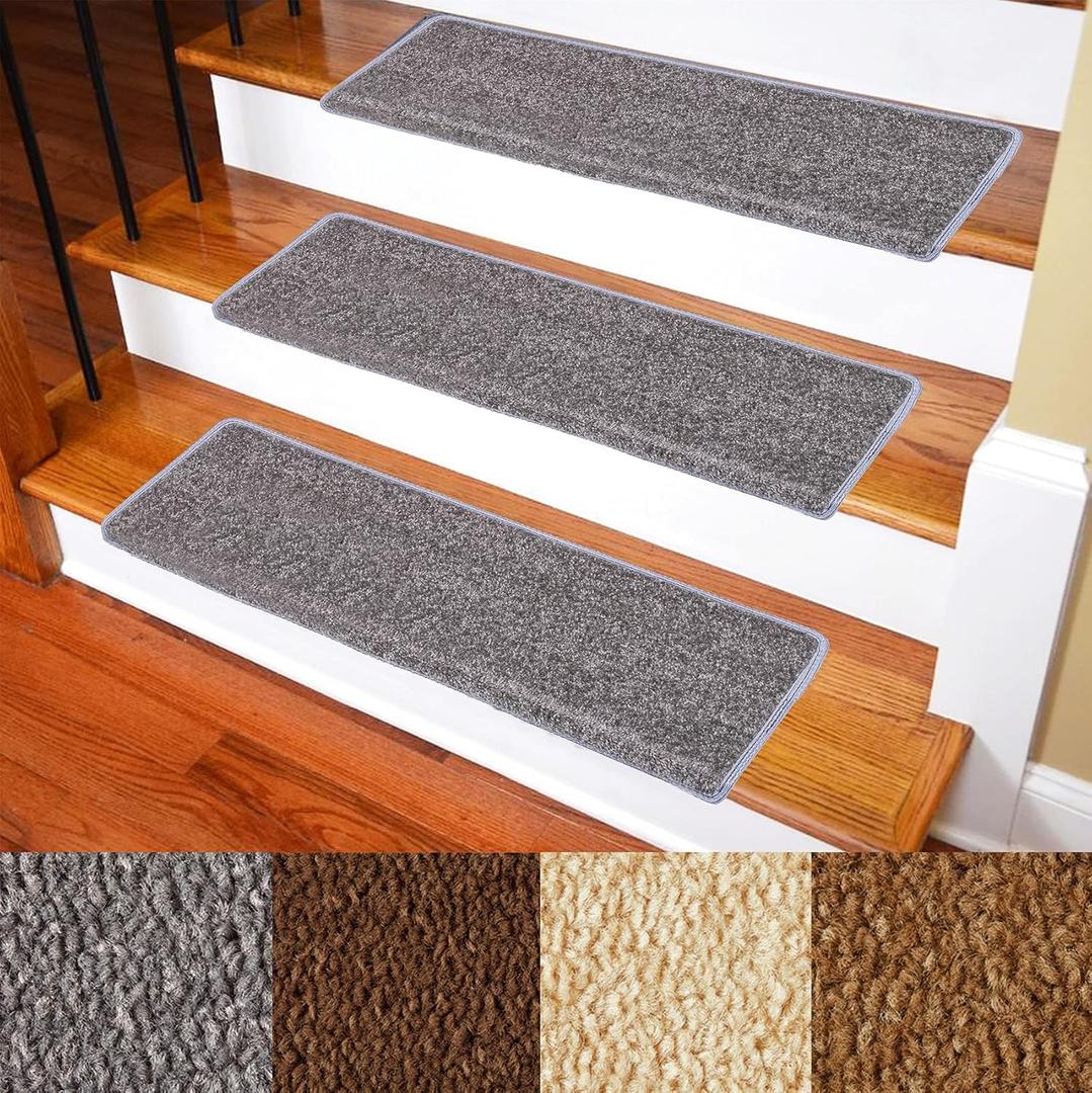 Carpet Stair Treads  Non-Slip Bullnose Carpet for Stairs  Indoor Stair Pads  Self-Adhesive  Skid Resistant & Washable  14- Pack Silver Grey 9.5" x 30"x 1.3"