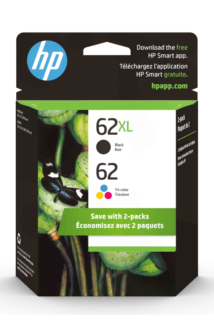 HP 62XL Black / 62 Tri-Color Ink Cartridges, N9H67FN, 2 / Pack 2 PK