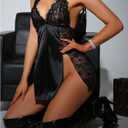 Floerns Women's Lace Lingerie Sheer Lace Babydoll V Neck Chemise Nightie Split Sleepshirt (Black, S)