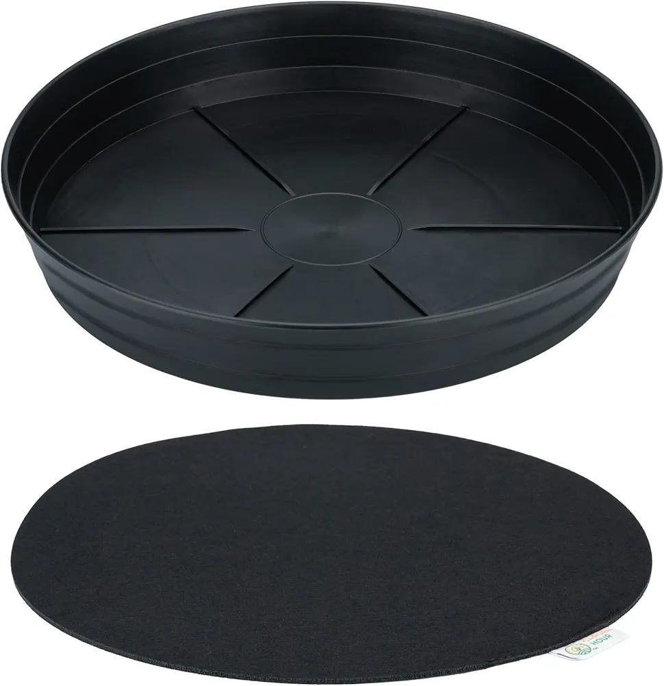 Garden Hour 16 Inch Large Plant Saucers for Potted Plants & Felt Mat for Floor Protection - Plastic Plant Trays for Indoors No Holes - Extra-Deep Drip Trays for Potted Plants - 16W x 2.25D in.