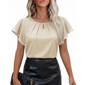 siliteelon Apricot Casual Tops for Women Blouses for Women Casual Ruffle Short Sleeve Flowy Satin Silk Soft Pleated Business Office Work Professional Fashion Trendy Elegant Summer Ladies XX-Large (Beige, XXL)