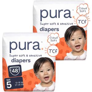 Pura Baby Diapers Size 5 (27-35 lbs) 48 Count Sensitive Skin