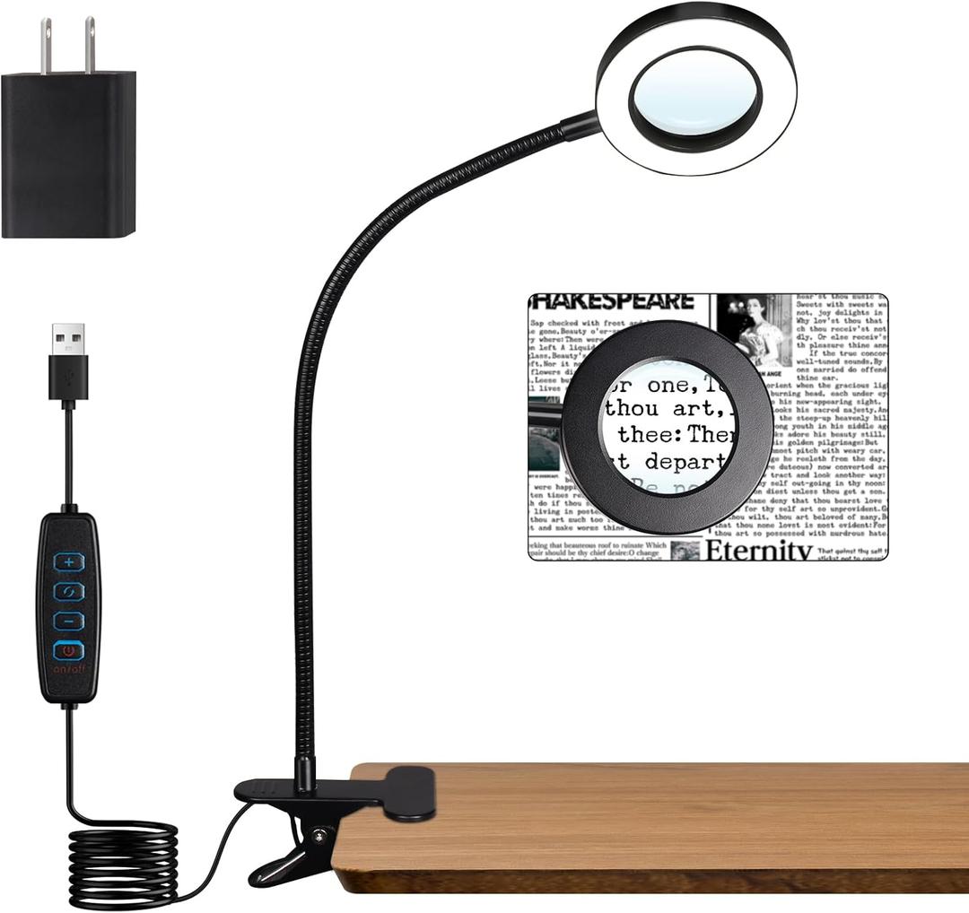 5X Magnifying Glass Desk Lamp with Clamp, 10 Brightness Levels, 3 Color Modes, 5V/2A Adapter Included  Clip Light for Reading, Crafting, Painting, Close Work (Black)