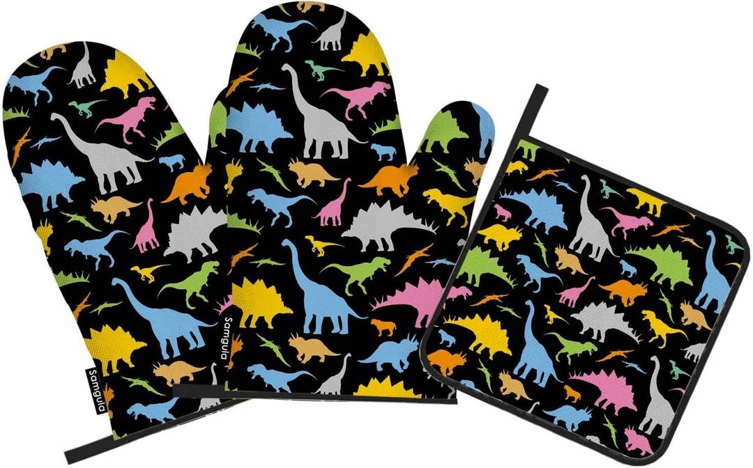 Colorful Dinosaur Oven Mitts and Pot Holders Sets Cute Animal Cartoon Heat Resistant 3pcs for Cooking Baking BBQ