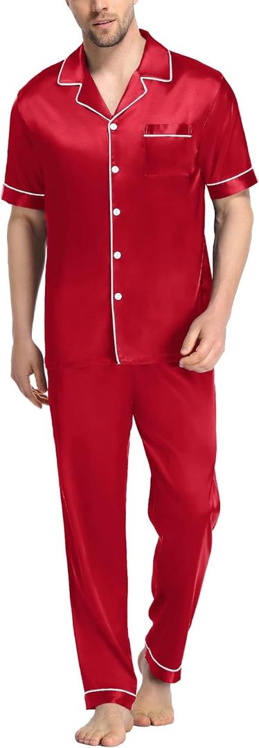 SWOMOG Mens Satin Pajama Set Short Sleeve Classic Sleepwear Button Down Silky Loungewear with Long Pants (XX-Large, Red)
