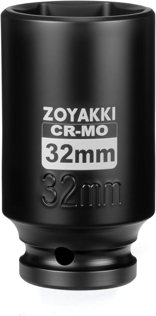1/2" Drive x 32 mm Deep 6 PT Impact Socket, CR-MO,1/2-inch Drive 6 Point Axle Nut Socket for Easy Removal of Axle Shaft Nuts (Metric 32MM)