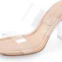 Clear Heels Mules Sandals for Women Transparent Two Strap Square Toe Backless Block Heel Slip on Pump Shoes (7.5, Nude)