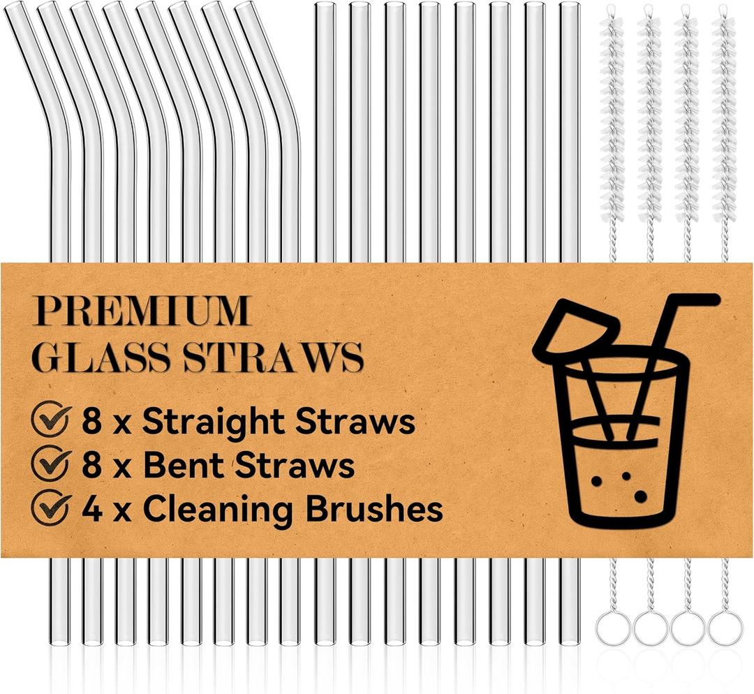 Foogwee 20 Packs Reusable Glass Straws Set, 8.5'' x 10mm Clear Drinking Straws for Smoothies, Shakes, Coffee, Juice, Sodas, Milk, Tea, Cocktails, Set of 8 Straight and 8 Bent with 4 Cleaning Brushes