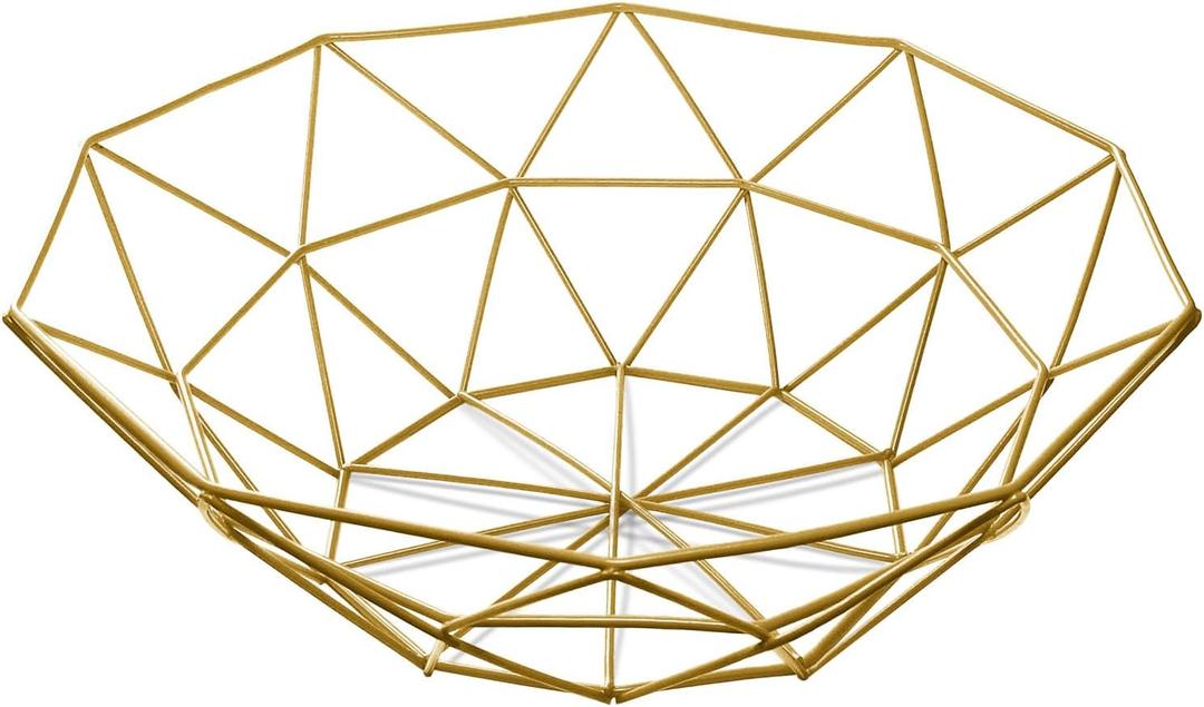 IBWell Geometric Metal Wire Fruit Bowl, Iron Arts Fruit Storage Baskets for Kitchen Counter (Gold, Normal)